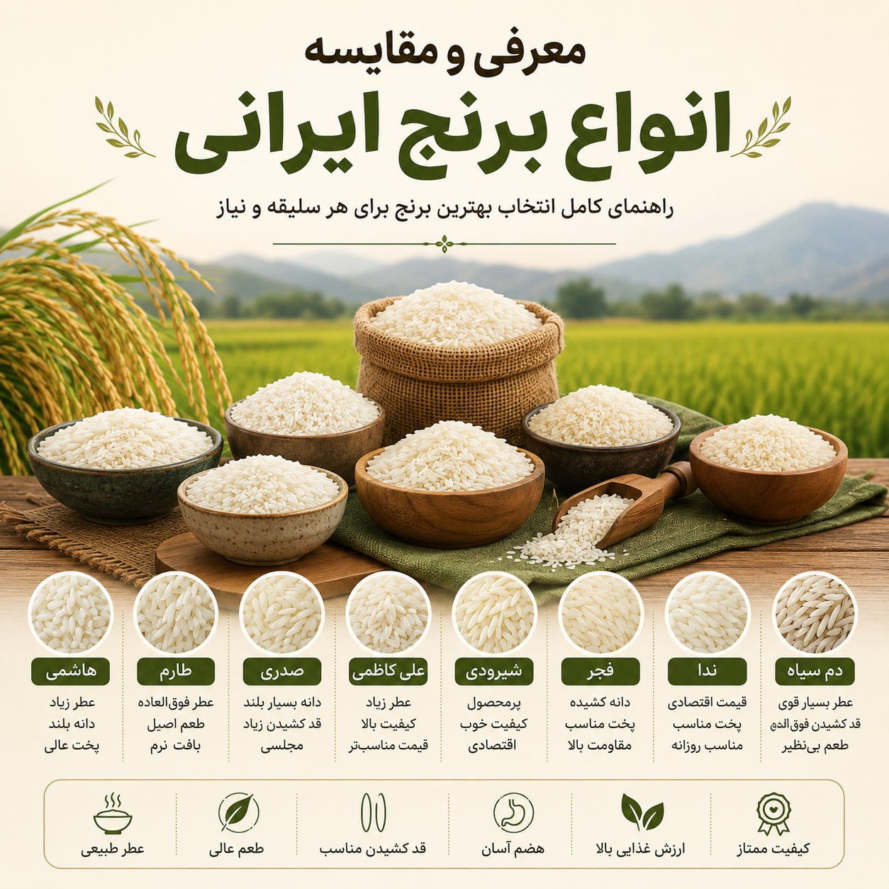 انواع برنج ایرانی هاشمی طارم صدری و شیرودی