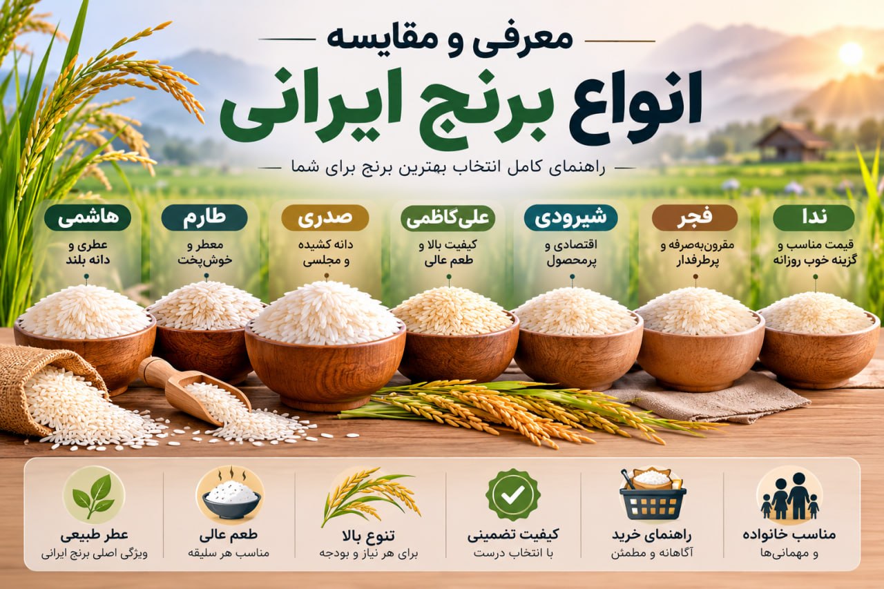 معرفی و مقایسه انواع برنج ایرانی | راهنمای انتخاب و جدول مقایسه
